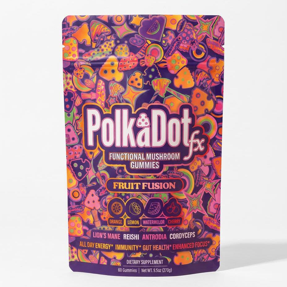A pouch of PolkaDotFx fruit fusion functional mushroom gummies.