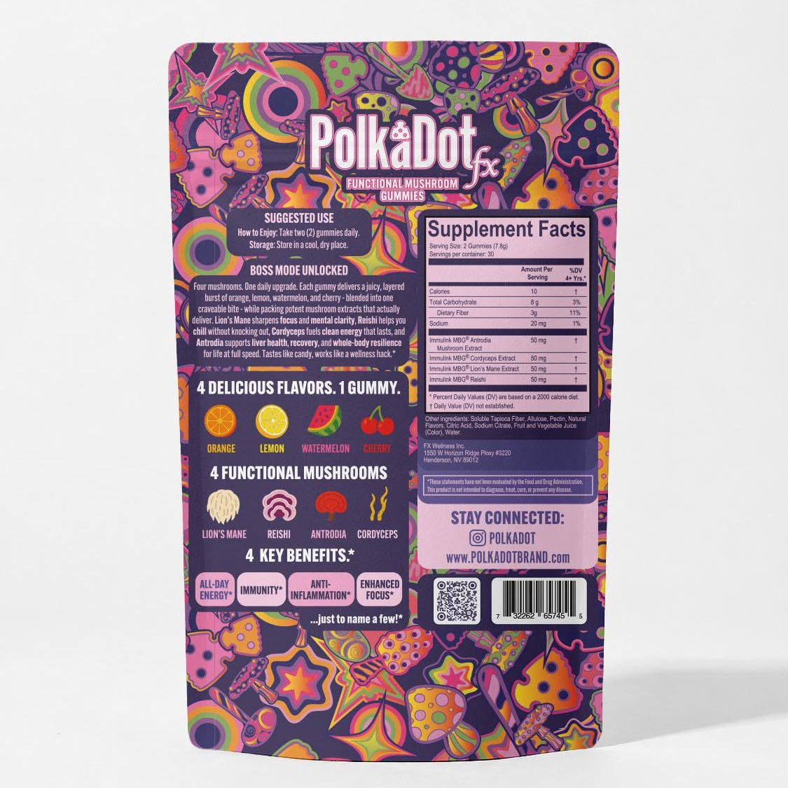The back of a functional mushroom gummy pouch, showing 4 delicious flavours.