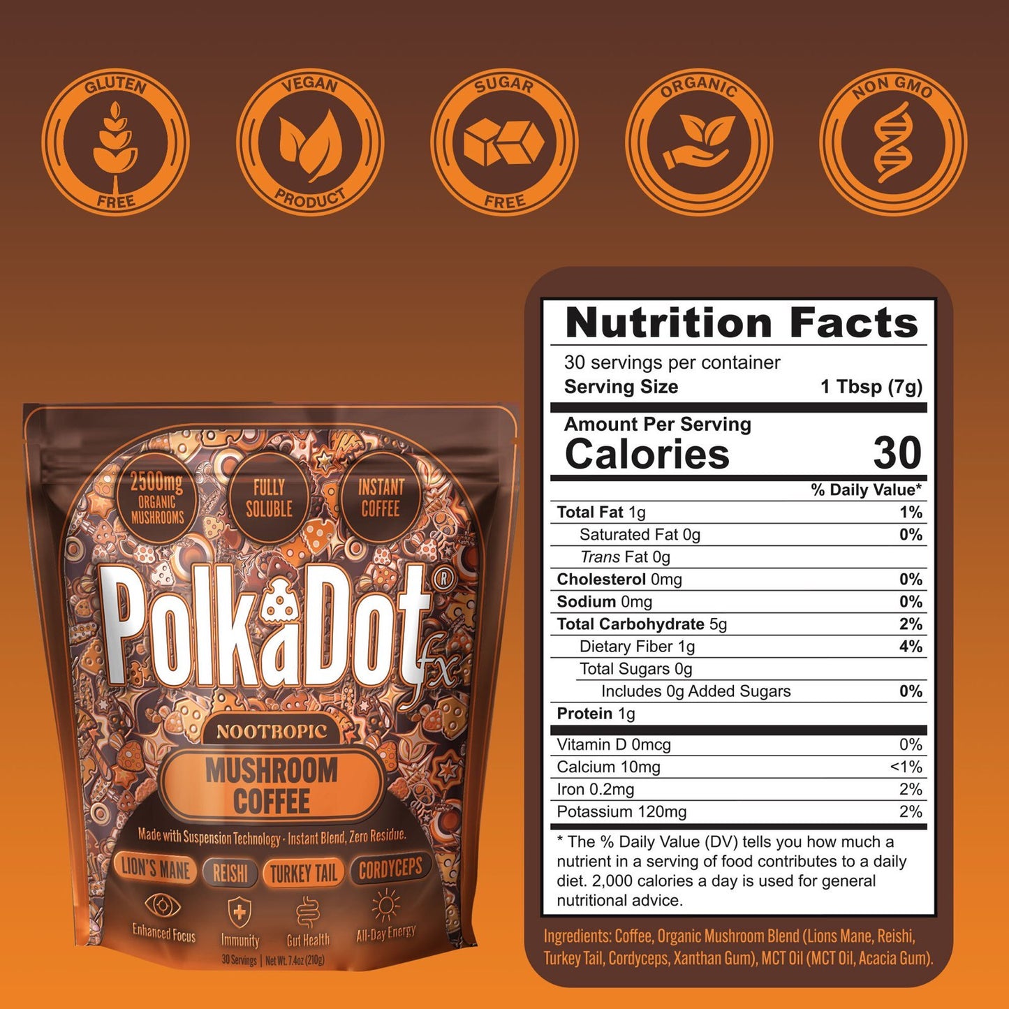 PolkaDotFx Adaptogenic Mushroom Instant Coffee — Dark Roast | Lion’s Mane • Reishi • Turkey Tail • Cordyceps • Instant, Sugar-Free, 30 Servings