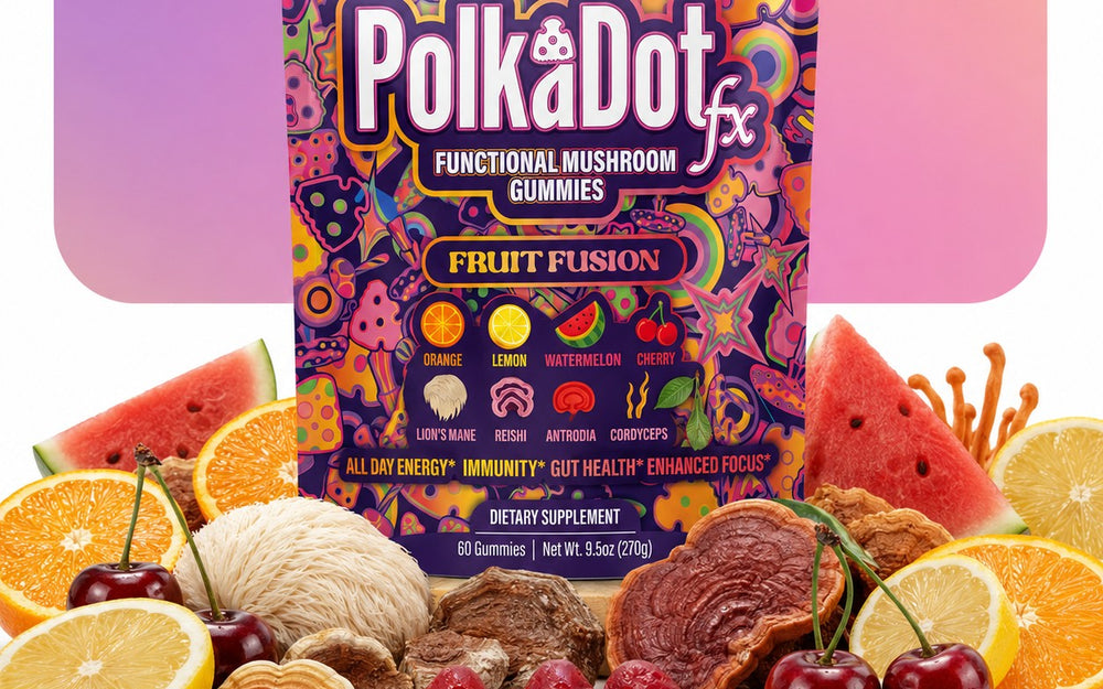 PolkaDotFx Fruit Fusion gummies pouch with oranges, lemons, watermelon, cherries and functional mushrooms