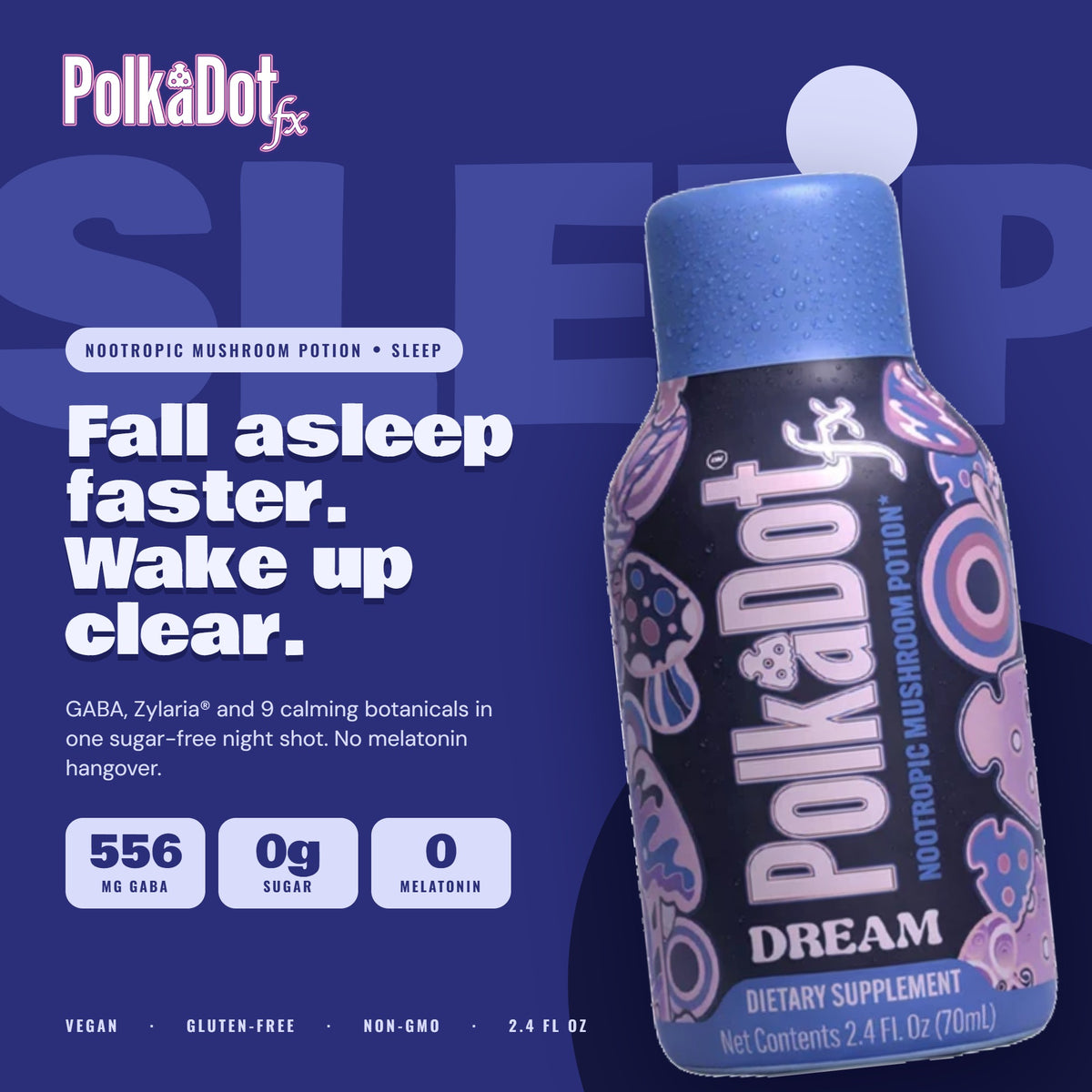 PolkaDotFx Dream nootropic mushroom shot for sleep, 2.4 fl oz bottle