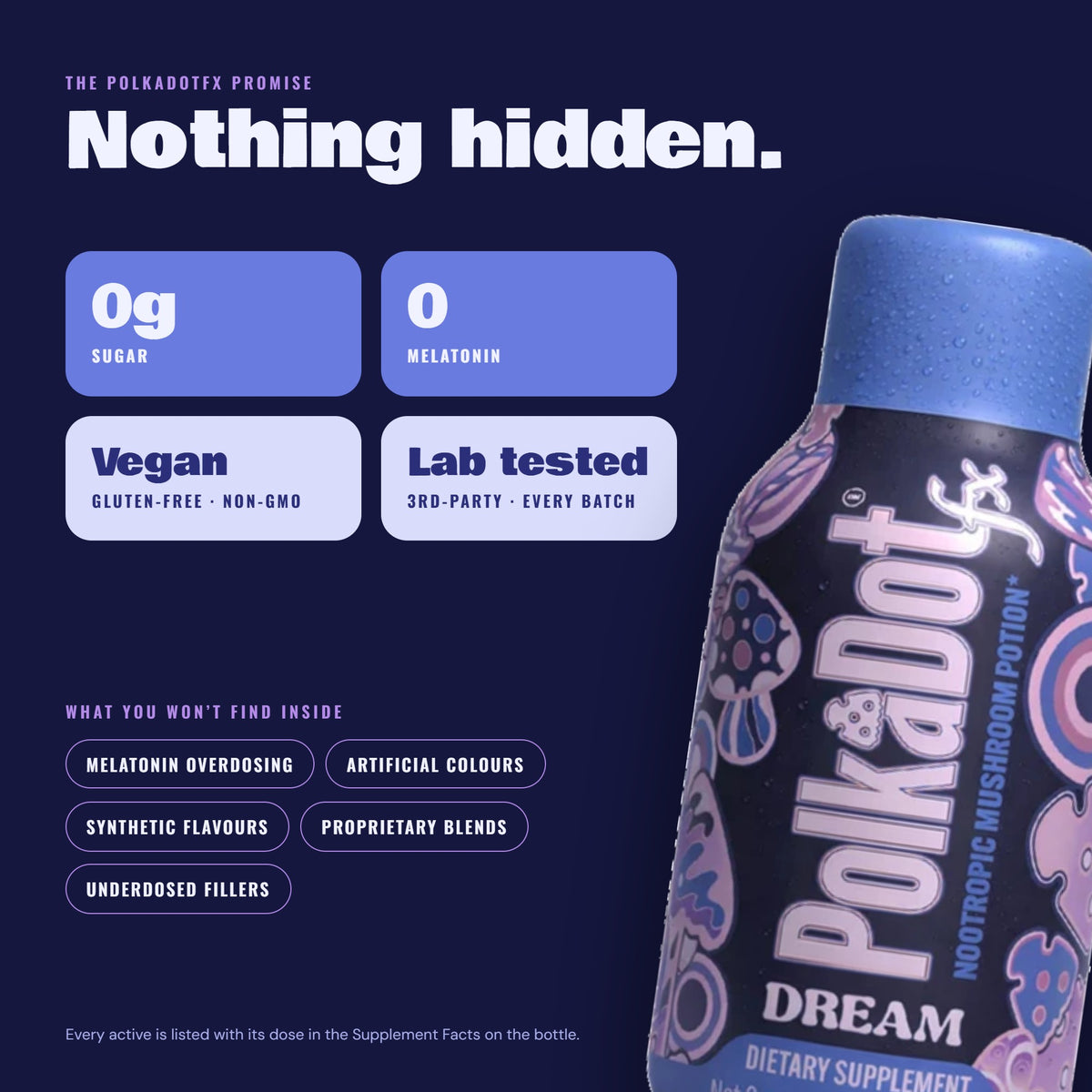 Dream shot: 0 g sugar, no melatonin, vegan, lab tested