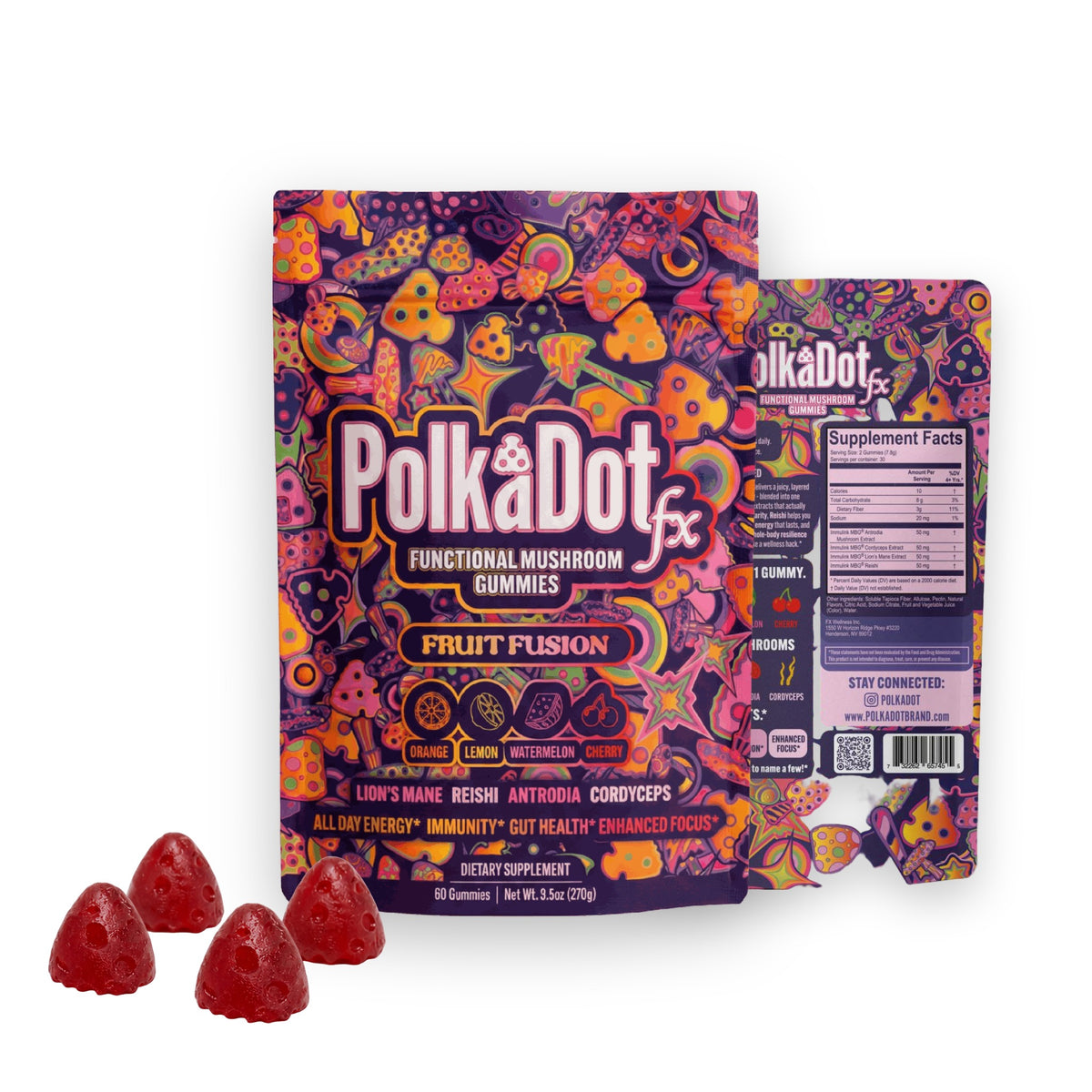PolkaDotFx Fruit Fusion functional mushroom gummies pouch, front and back with the Supplement Facts panel