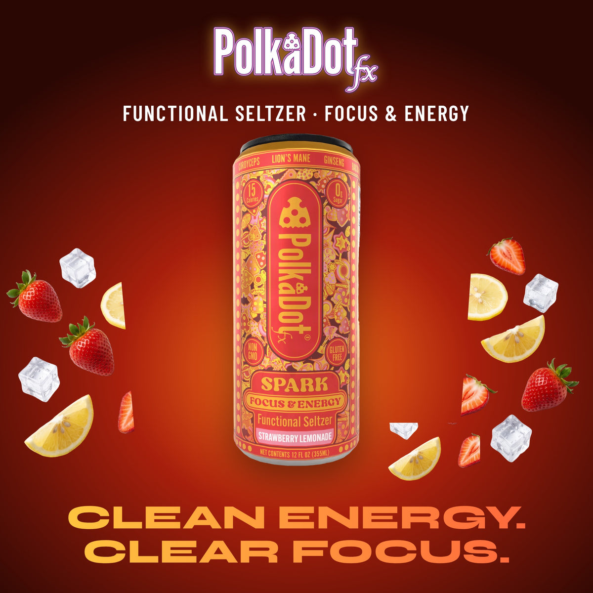 PolkaDotFx Spark Focus & Energy functional seltzer can, strawberry lemonade, with strawberries, lemon and ice