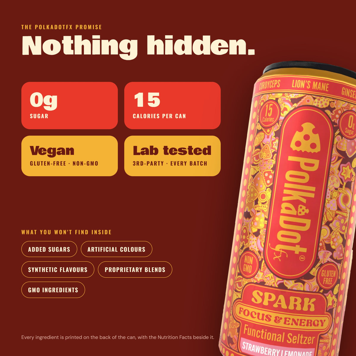 Spark seltzer: 0 g sugar, 15 calories, vegan, lab tested, nothing hidden