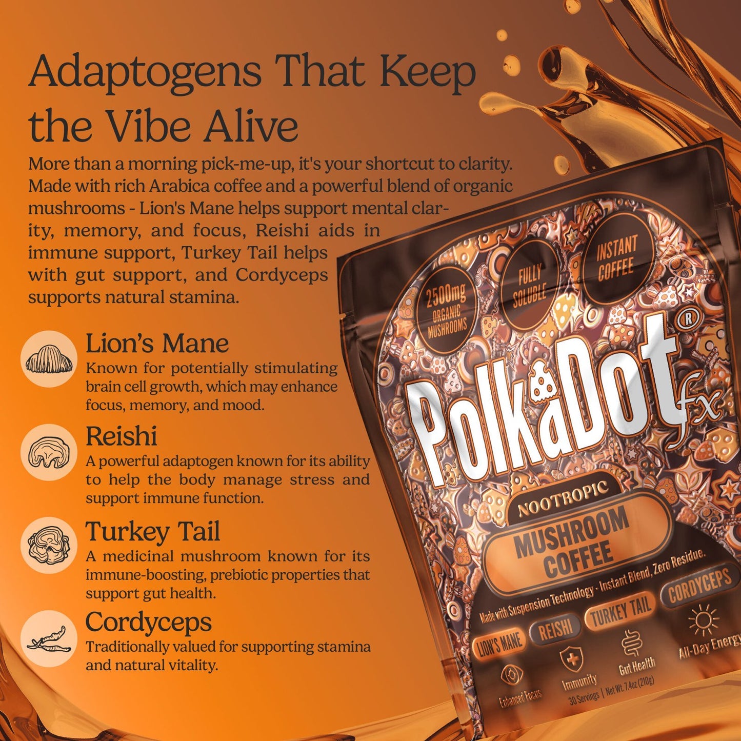 PolkaDotFx Adaptogenic Mushroom Instant Coffee — Dark Roast | Lion’s Mane • Reishi • Turkey Tail • Cordyceps • Instant, Sugar-Free, 30 Servings