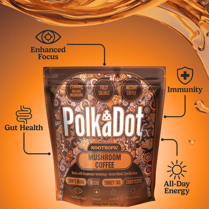 PolkaDotFx Adaptogenic Mushroom Instant Coffee — Dark Roast | Lion’s Mane • Reishi • Turkey Tail • Cordyceps • Instant, Sugar-Free, 30 Servings