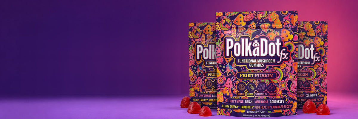 Three pouches of PolkaDotFx Fruit Fusion functional mushroom gummies on a purple backdrop