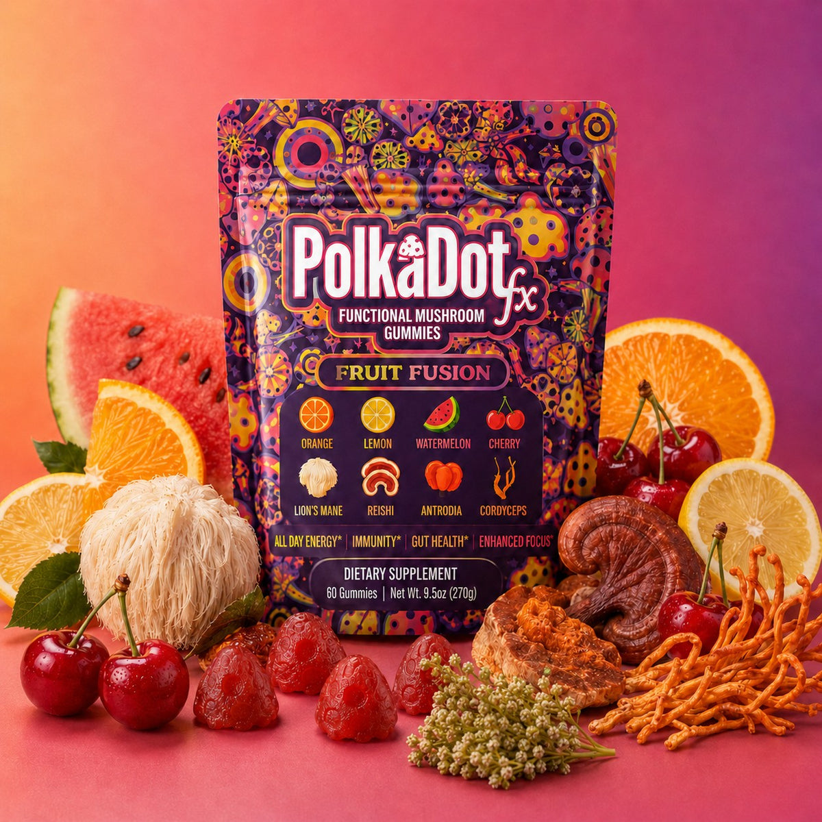 PolkaDotFx Fruit Fusion gummies pouch surrounded by lion's mane, reishi, cordyceps, citrus, watermelon and cherries