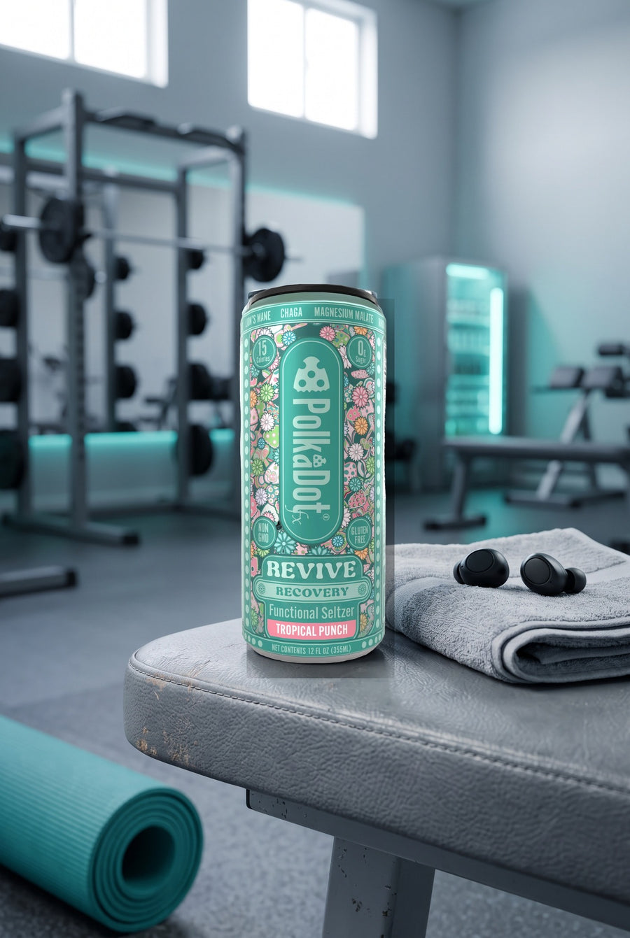 PolkaDotFx Revive functional seltzer can on a gym bench after a workout, with a towel, earbuds and a yoga mat