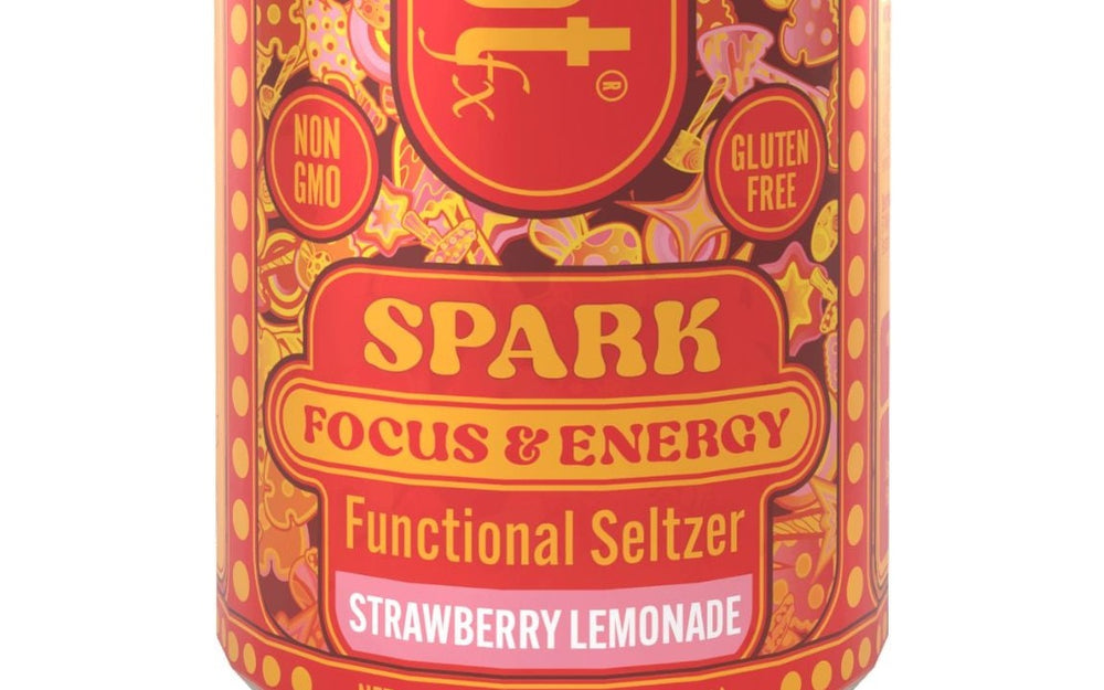 Close-up of the Spark Seltzer can label: Focus & Energy, Functional Seltzer, Strawberry Lemonade