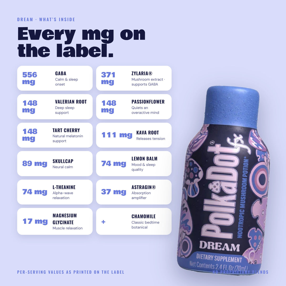 Dream shot: per-serving amounts as printed on the Supplement Facts label