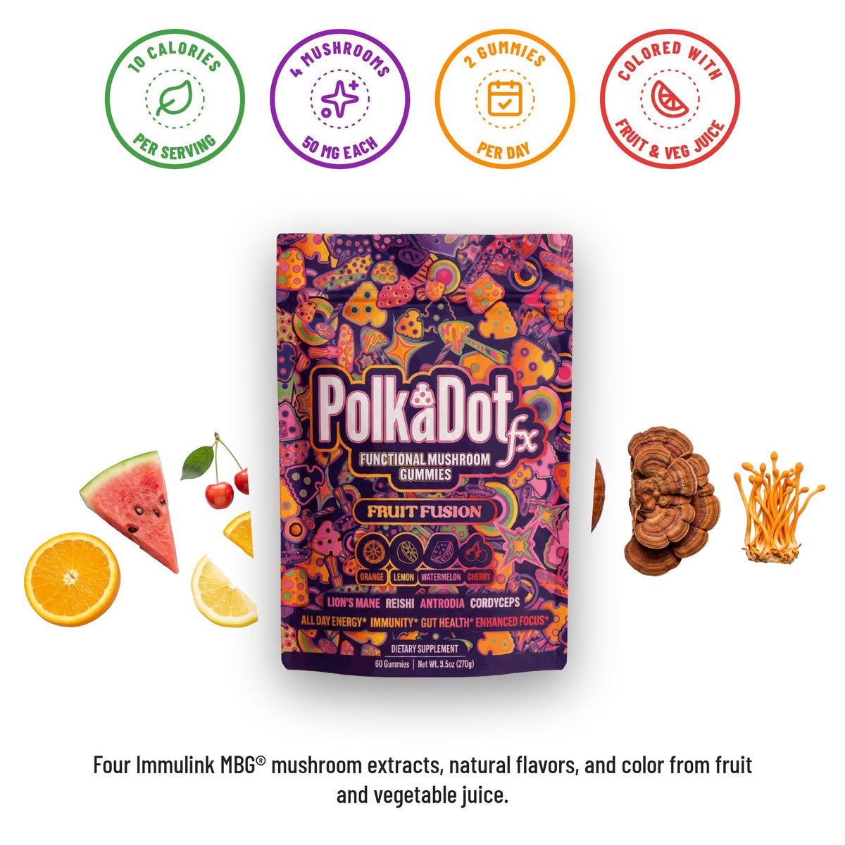 PolkaDotFx Fruit Fusion gummies pouch with mushrooms and fruit: 10 calories per serving, 4 mushrooms at 50 mg each, 2 gummies per day, colored with fruit and vegetable juice