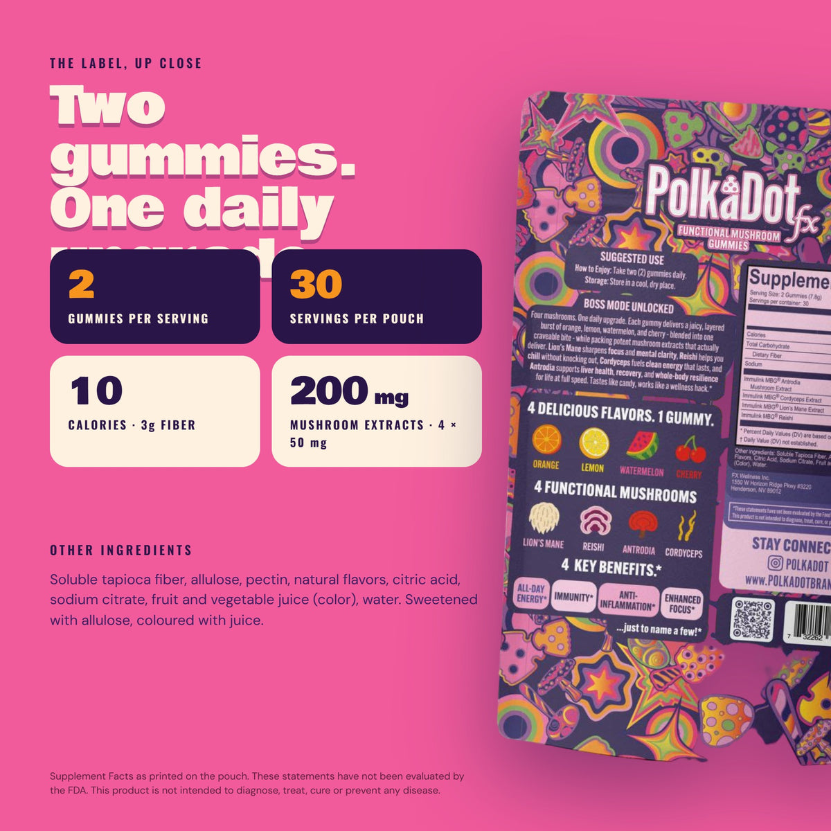 Fruit Fusion gummies: the label up close, two gummies per serving, 30 servings per pouch