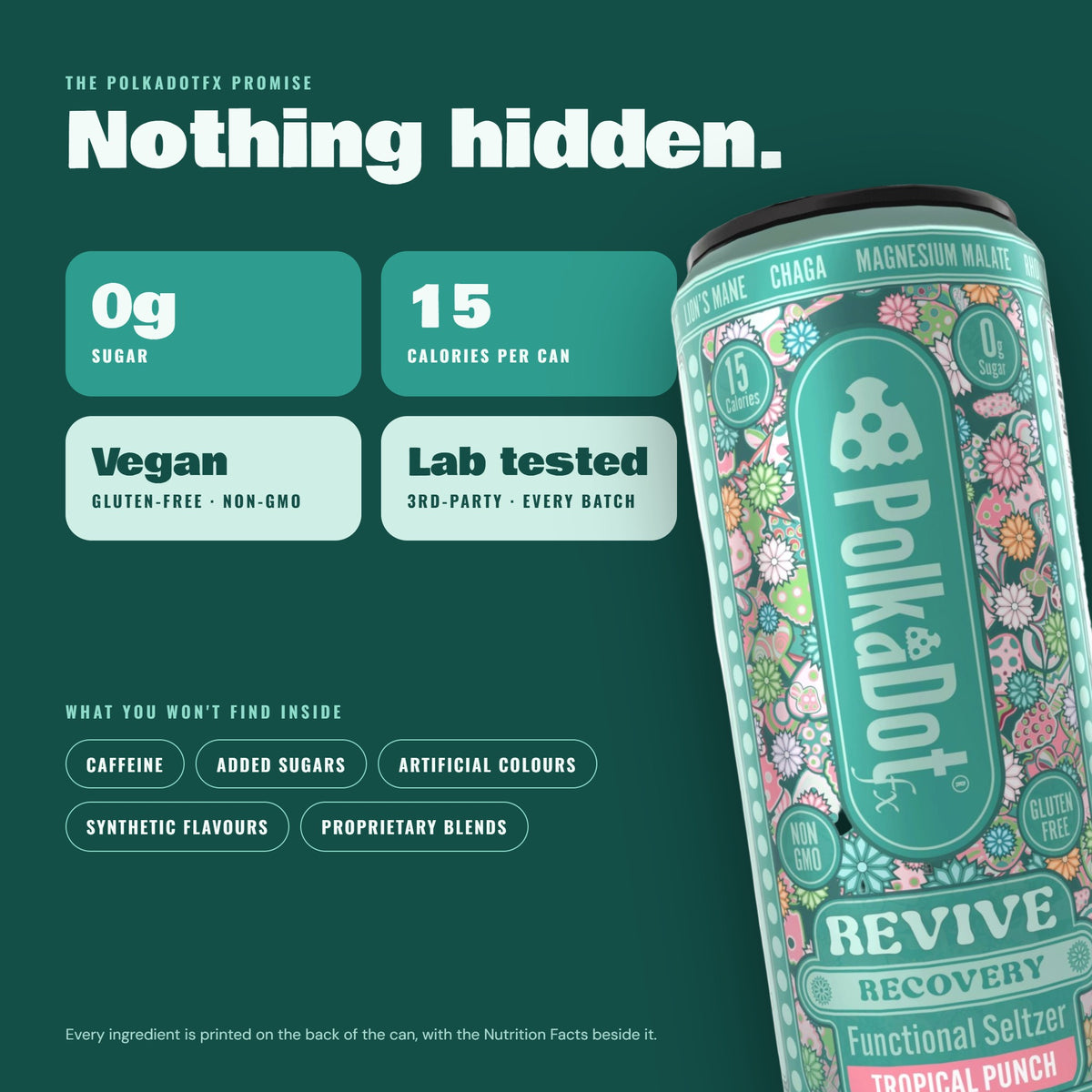 Revive seltzer: 0 g sugar, 15 calories, caffeine-free, vegan, lab tested