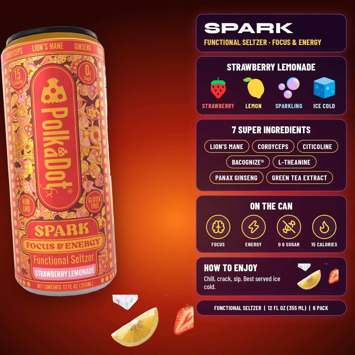 PolkaDotFx Spark seltzer: strawberry lemonade, 7 super ingredients (lion's mane, cordyceps, citicoline, BaCognize, L-theanine, panax ginseng, green tea extract), 15 calories, 0 g sugar