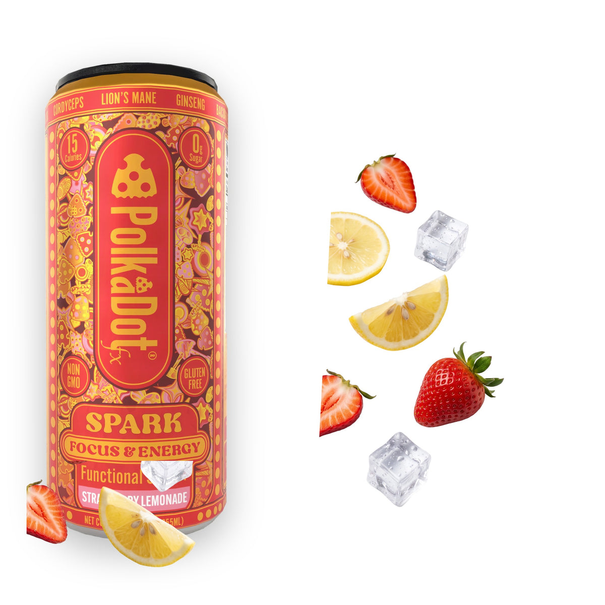 PolkaDotFx Spark Focus & Energy functional seltzer can, 12 fl oz, with strawberries, lemon and ice